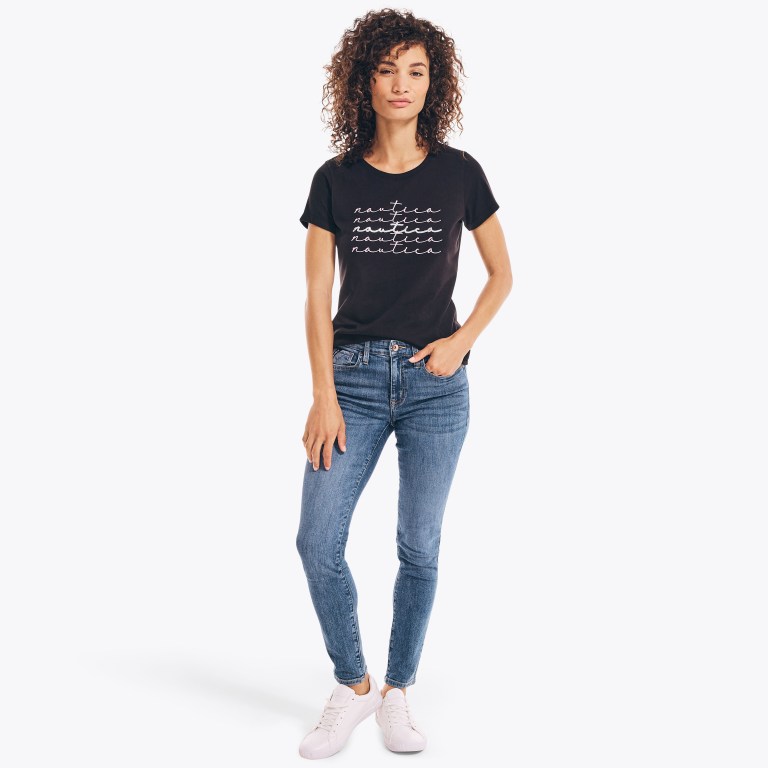 Nautica Sustainably Crafted Glitter Grafische T-shirts Dames Zwart | KK4K0Zb4