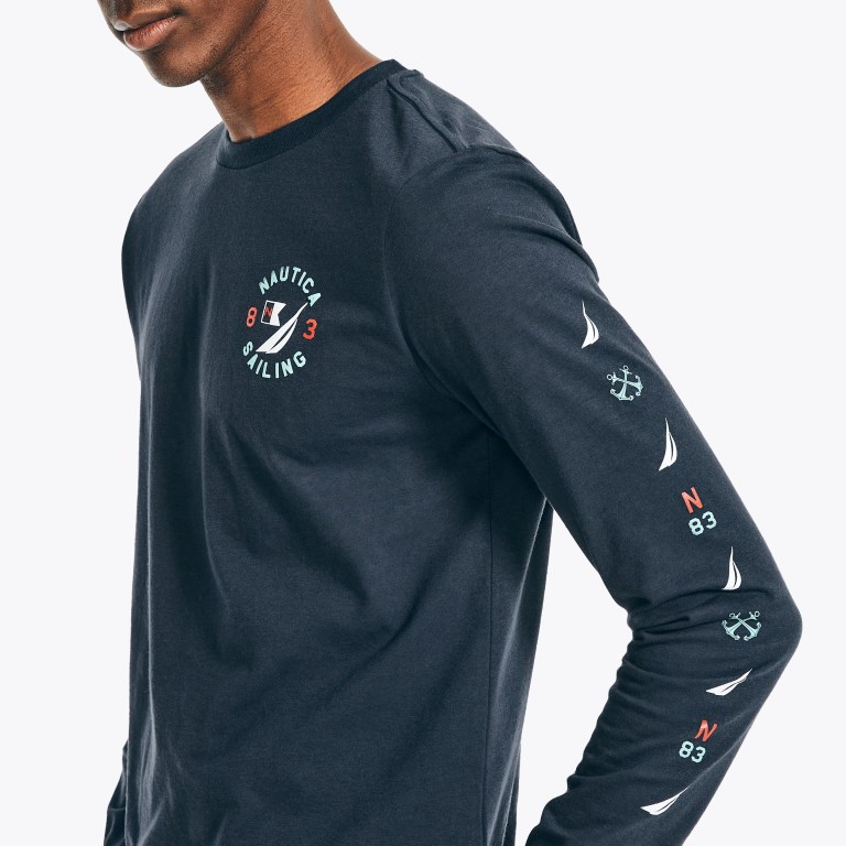 Nautica Sustainably Crafted Grafische Long-sleeve T-shirts Heren Donkerblauw | Rd5rRX6h