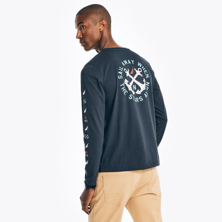 Nautica Sustainably Crafted Grafische Long-sleeve T-shirts Heren Donkerblauw | Rd5rRX6h