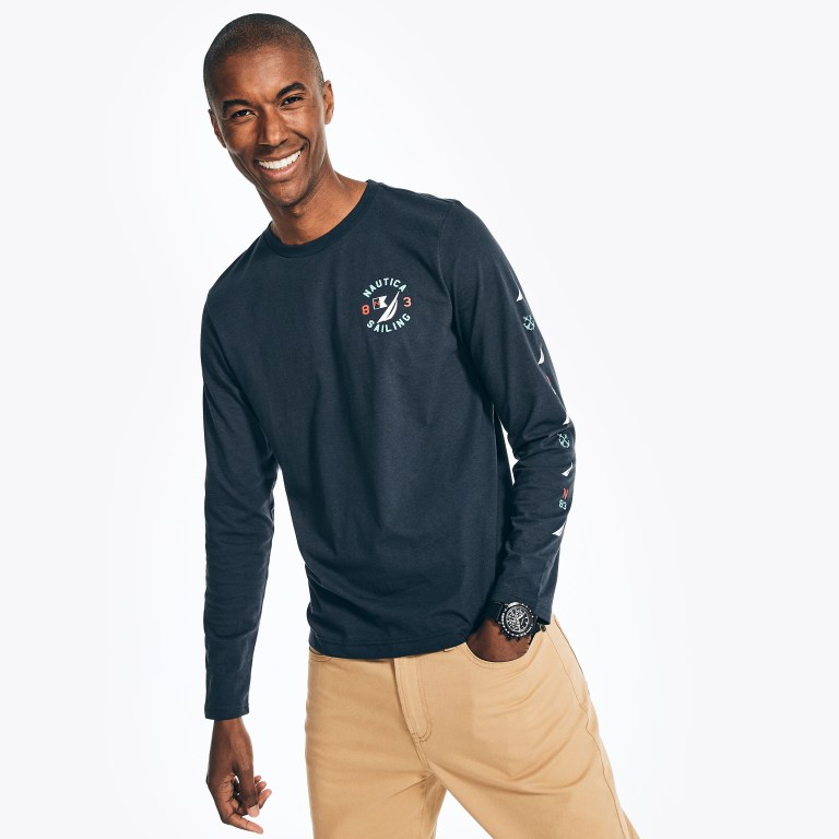 Nautica Sustainably Crafted Grafische Long-sleeve T-shirts Heren Donkerblauw | Rd5rRX6h