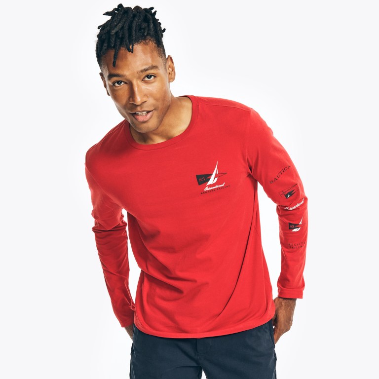 Nautica Sustainably Crafted Long-sleeve Grafische T-shirts Heren Rood | WMbZTYvp