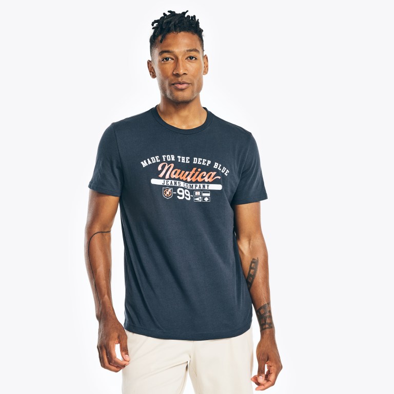 Nautica Sustainably Crafted Nautica Co. Logo Grafische T-shirts Heren Donkerblauw | k3Ck1NXS