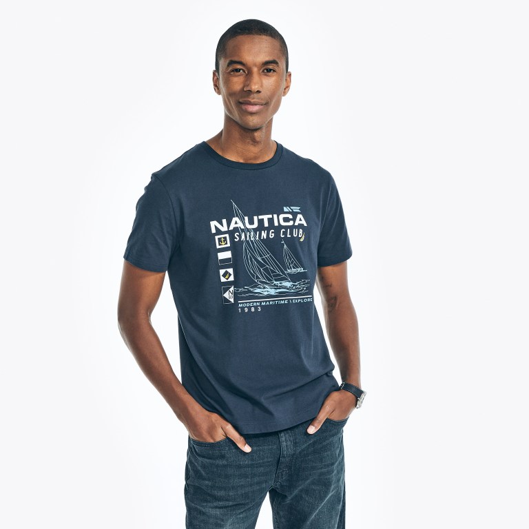 Nautica Sustainably Crafted Nautica Sailing Club Grafische T-shirts Heren Donkerblauw | ROyJX0AF