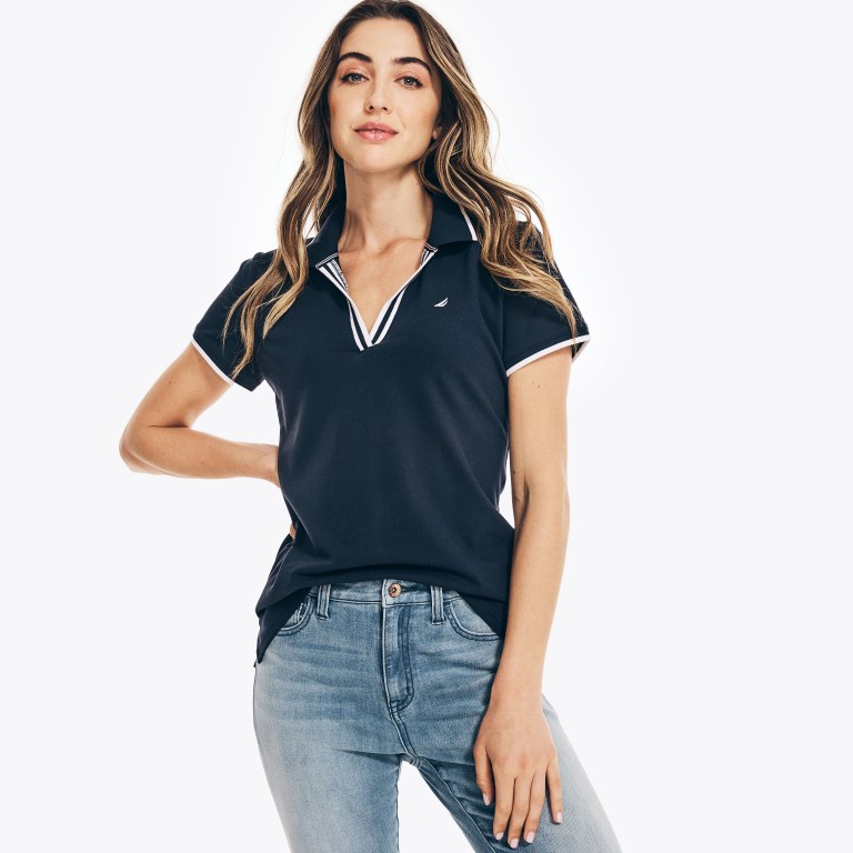 Nautica Sustainably Crafted Ocean Split-neck Poloshirt Dames Blauw | 6ao0ET3M