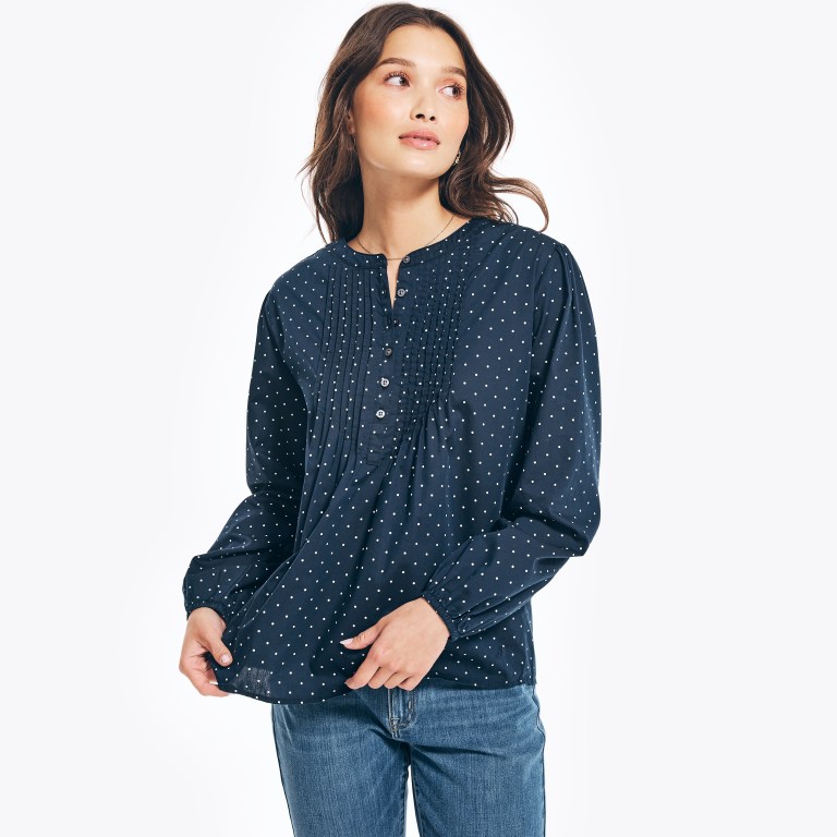 Nautica Sustainably Crafted Printed Pintuck Popover Topjes Dames Blauw | IT6MiKqw