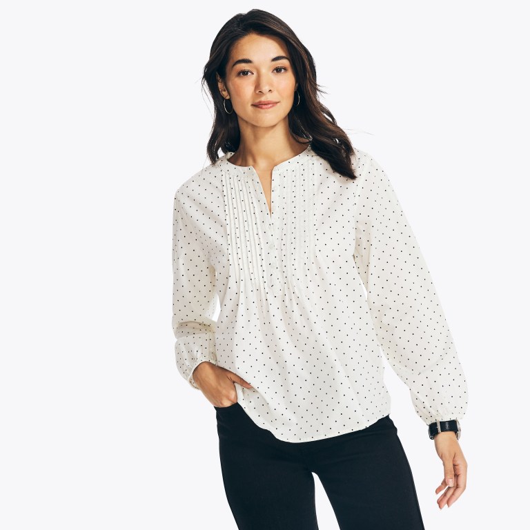 Nautica Sustainably Crafted Printed Pintuck Popover Topjes Dames Wit | oqmNaY7D