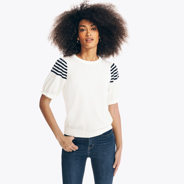 Nautica Sustainably Crafted Stripe-sleeve Ruffle Truien Dames Wit | uKv62e3P