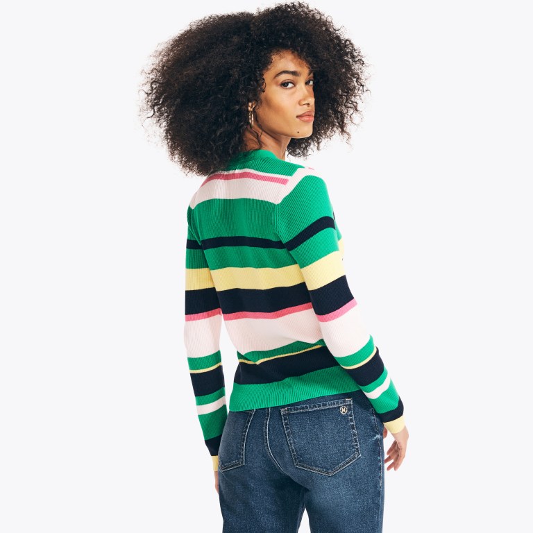 Nautica Sustainably Crafted Striped Cardigan Truien Dames Blauw | PW8OViB2