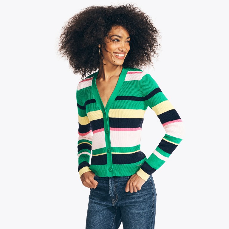 Nautica Sustainably Crafted Striped Cardigan Truien Dames Blauw | PW8OViB2