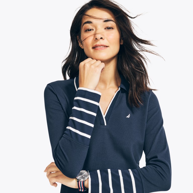 Nautica Sustainably Crafted Striped Long-sleeve Jurken Dames Blauw | KegZseA9