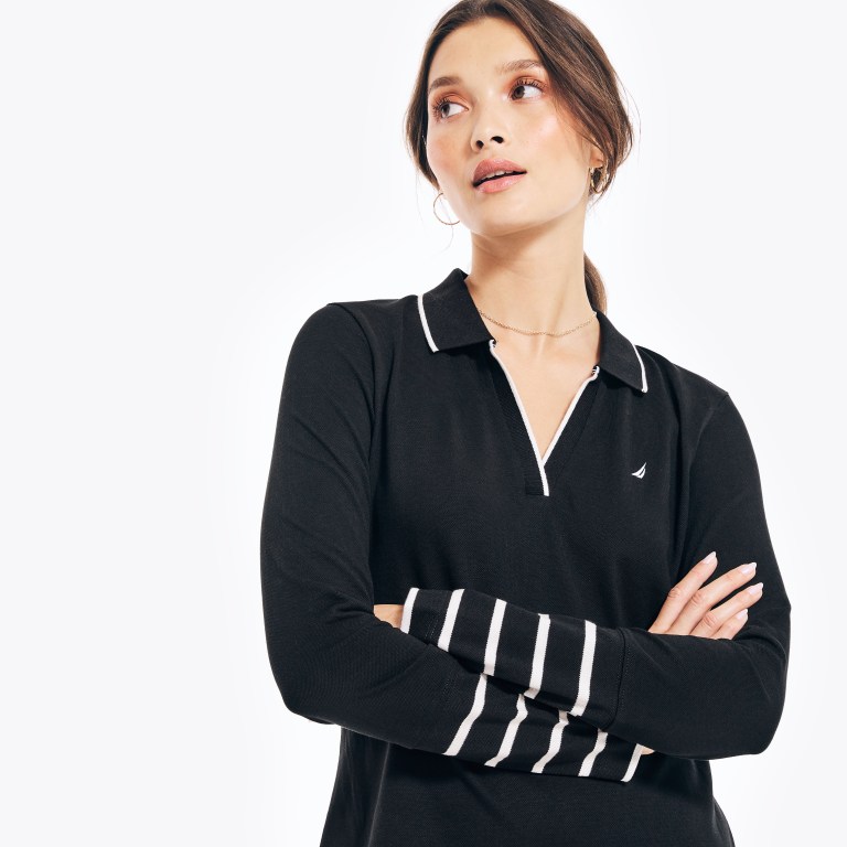 Nautica Sustainably Crafted Striped Long-sleeve Jurken Dames Zwart | NcuOCvpd