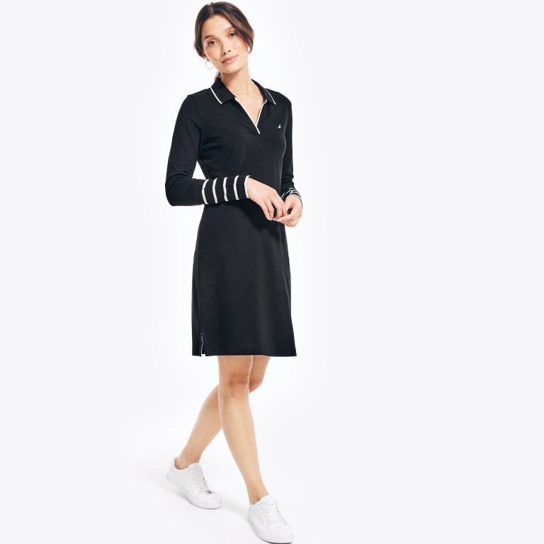 Nautica Sustainably Crafted Striped Long-sleeve Jurken Dames Zwart | NcuOCvpd