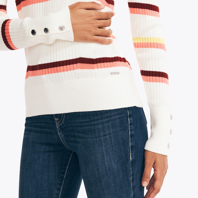 Nautica Sustainably Crafted Striped Rib-knit Crewneck Truien Dames Wit | Ve0I3viR