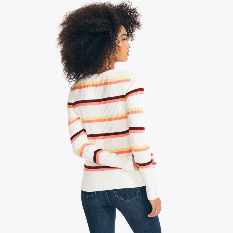 Nautica Sustainably Crafted Striped Rib-knit Crewneck Truien Dames Wit | Ve0I3viR