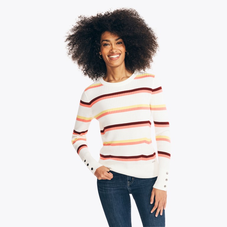 Nautica Sustainably Crafted Striped Rib-knit Crewneck Truien Dames Wit | Ve0I3viR