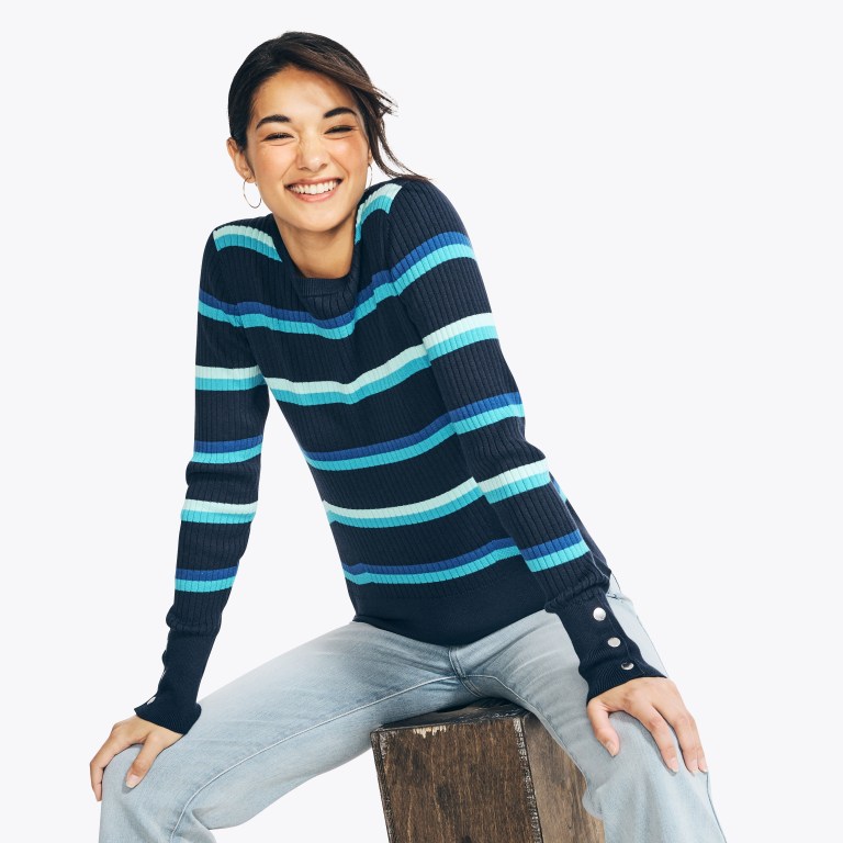 Nautica Sustainably Crafted Striped Rib-knit Crewneck Truien Dames Blauw | hPrPGL3L