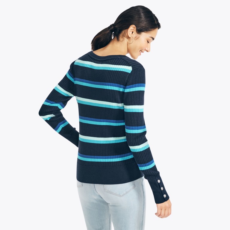 Nautica Sustainably Crafted Striped Rib-knit Crewneck Truien Dames Blauw | hPrPGL3L