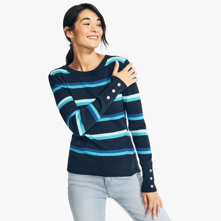 Nautica Sustainably Crafted Striped Rib-knit Crewneck Truien Dames Blauw | hPrPGL3L