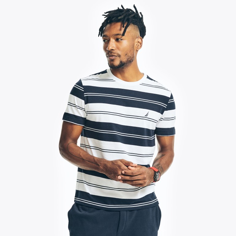 Nautica Sustainably Crafted Striped T-shirts Heren Wit | 3JcKtazt