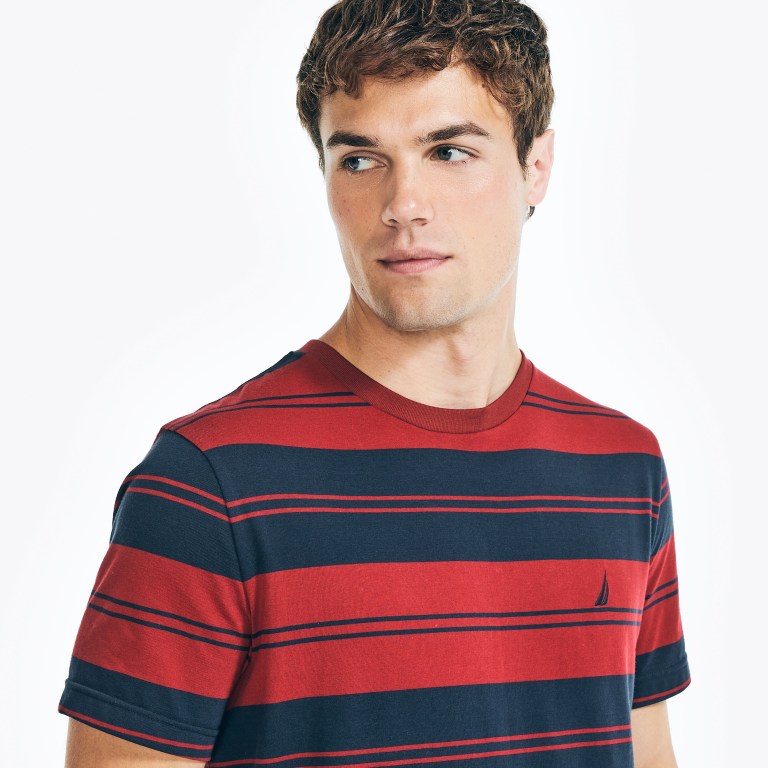 Nautica Sustainably Crafted Striped T-shirts Heren Rood | WxMUKASc