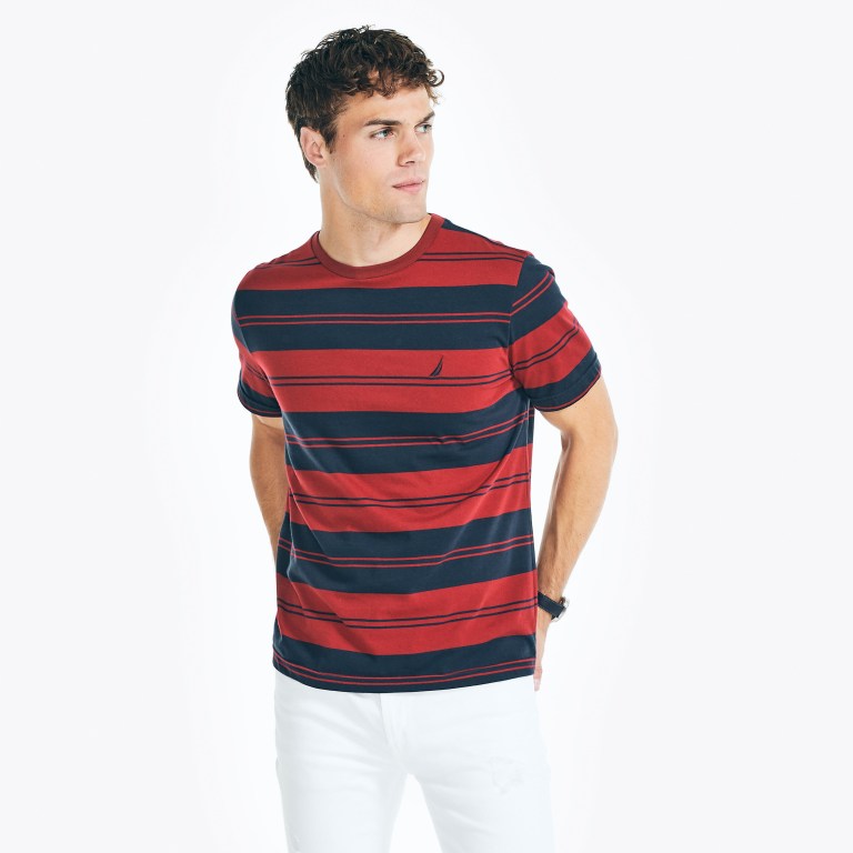 Nautica Sustainably Crafted Striped T-shirts Heren Rood | WxMUKASc