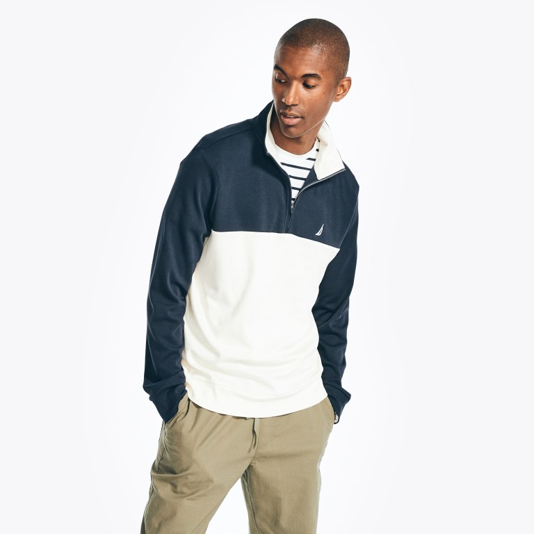 Nautica Colorblock Quarter-zip Sweatshirts Heren Donkerblauw | qdsEOzKL