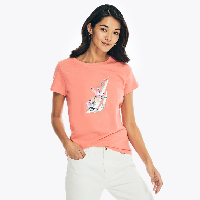 Nautica Embroidered Floral J-class Grafische T-shirts Dames Koraal | OjFefZct