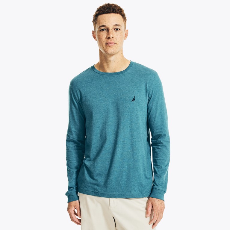 Nautica Heathered Crewneck Long-sleeve T-shirts Heren Blauw | 8tNXDvxi