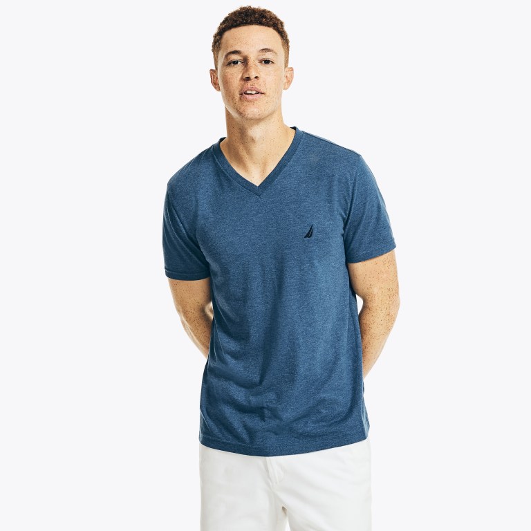 Nautica Heathered V-neck T-shirts Heren Blauw | H74MRKJc