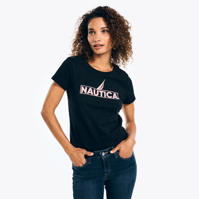 Nautica Logo Grafische T-shirts Dames Zwart | dZFiBCjz