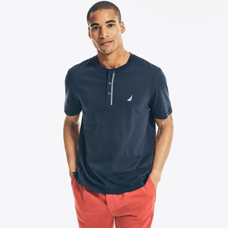 Nautica Logo -sleeve Henley T-shirts Heren Donkerblauw | c80binEQ