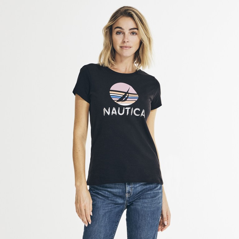 Nautica Metallic Foil Grafische T-shirts Dames Zwart | JsJryyKu