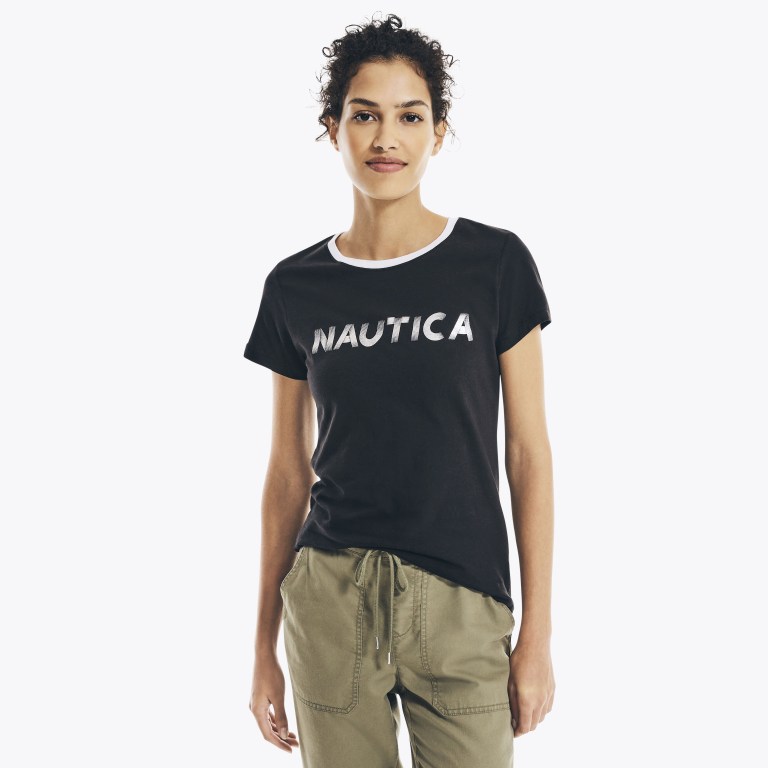 Nautica Metallic Foil Logo Grafische T-shirts Dames Zwart | 9jkBXEWC