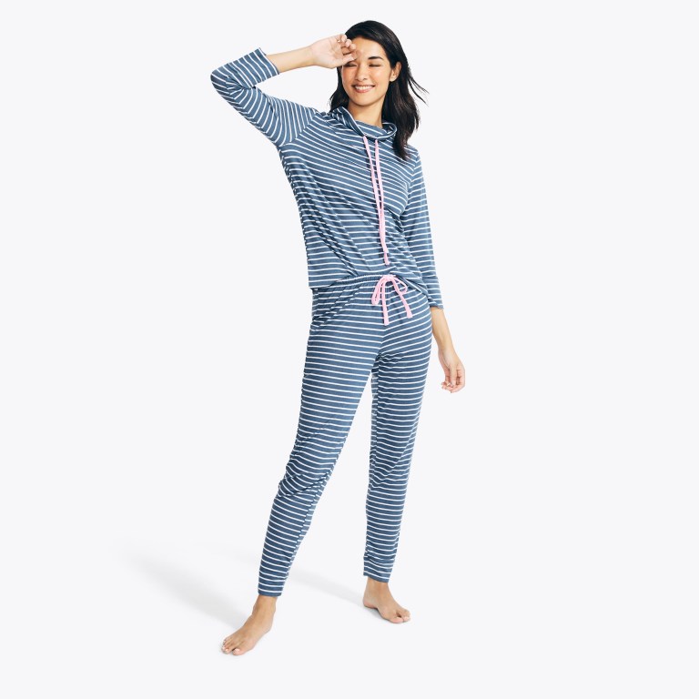 Nautica Quarter-sleeve Striped Jogger Sleep Set Sleepwear Dames Blauw | 5uGTnGbl