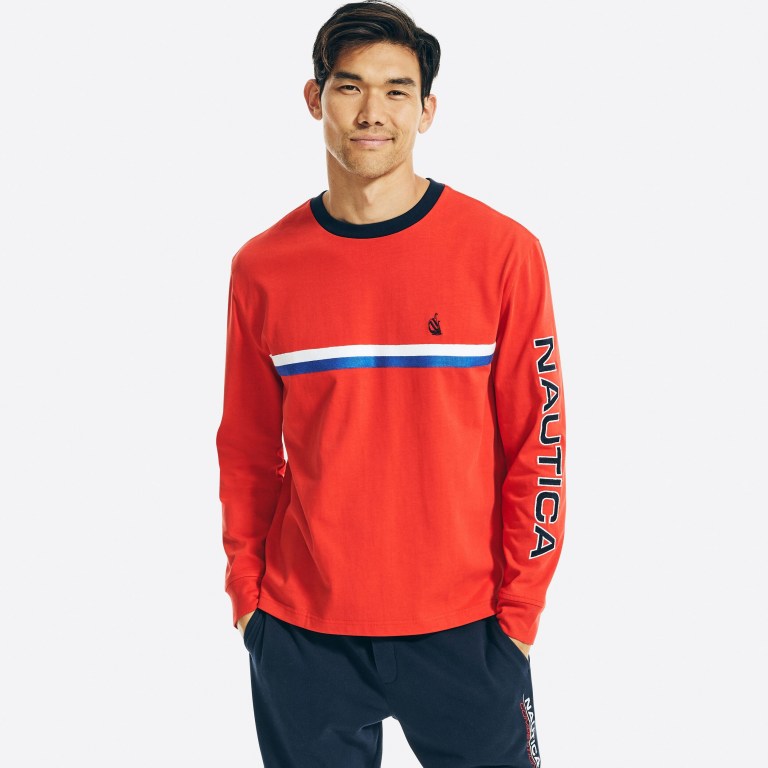 Nautica Reissue Chest-stripe Long Sleeve T-shirts Heren Koningsblauw Bordeaux | ccWcCRO3