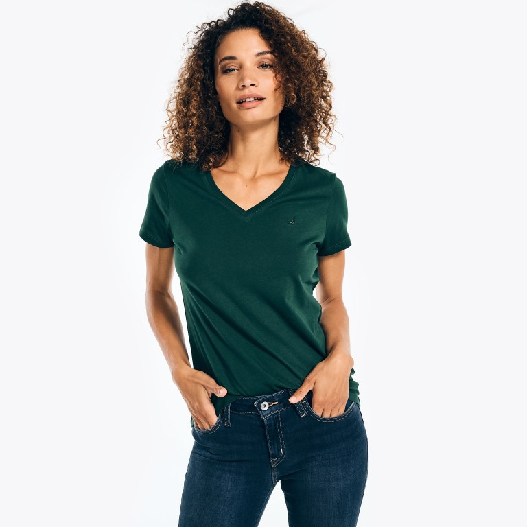 Nautica Solid V-neck T-shirts Dames Groen | 4u2iHo5d