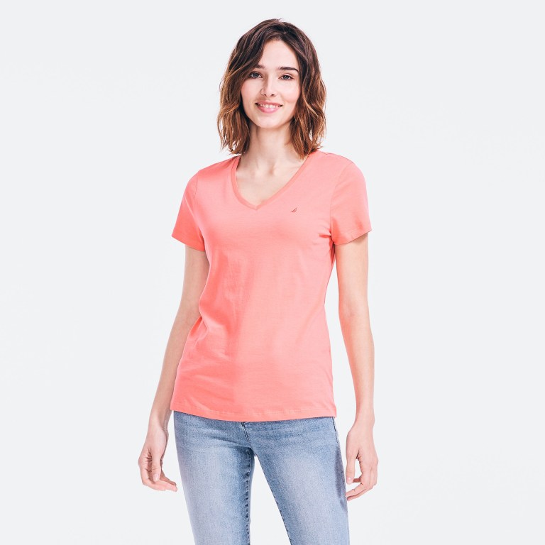 Nautica Solid V-neck T-shirts Dames Koraal | fgWloK2n