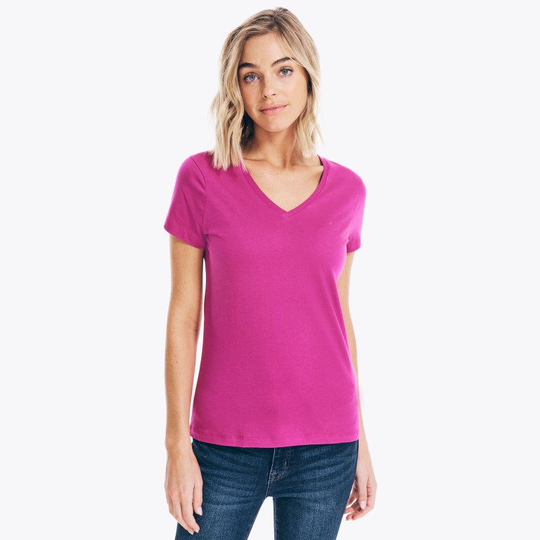 Nautica Solid V-neck T-shirts Dames Roze | jwihbQJU