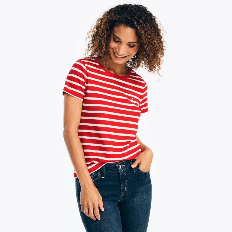 Nautica Striped Crewneck T-shirts Dames Rood | 2tFyA7ou