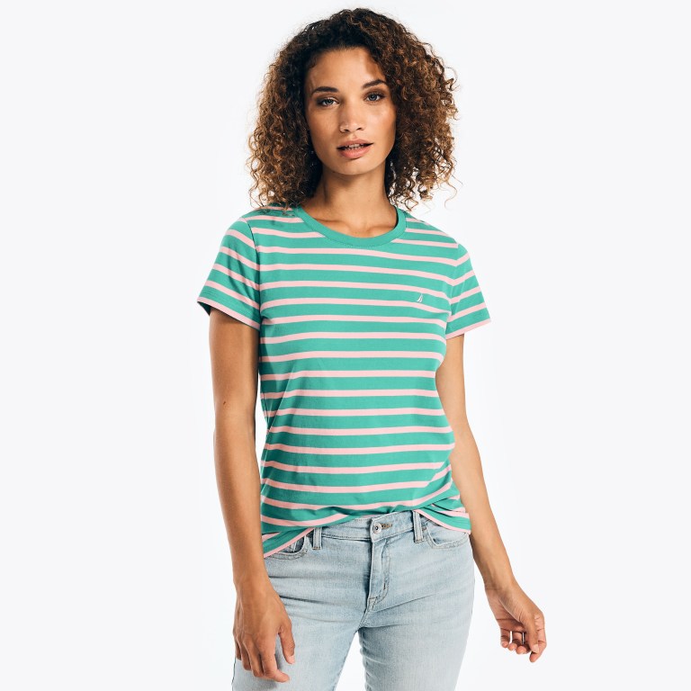 Nautica Striped Crewneck T-shirts Dames Groen | mPO2b4Tt