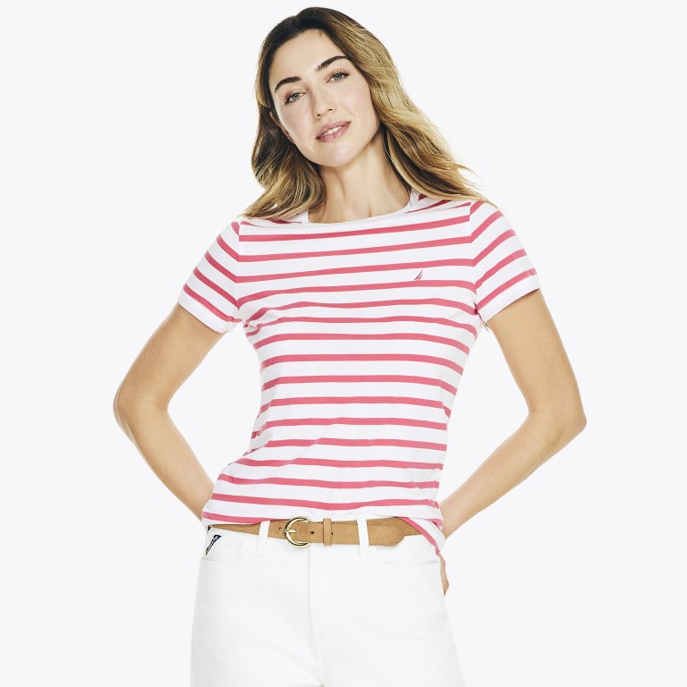 Nautica Striped Crewneck T-shirts Dames Rood | qa0s2aIf