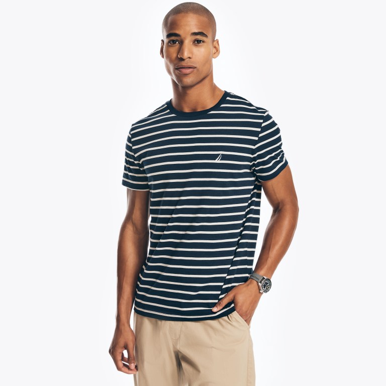 Nautica Striped Crewneck T-shirts Heren Donkerblauw | gRYCRFPJ