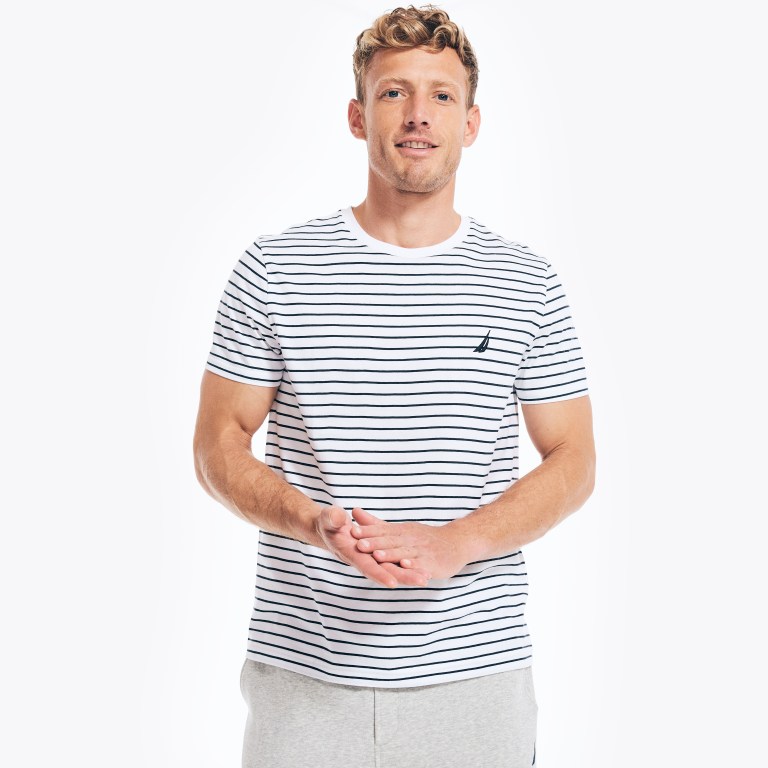 Nautica Striped Crewneck T-shirts Heren Wit | ouVjGkrb