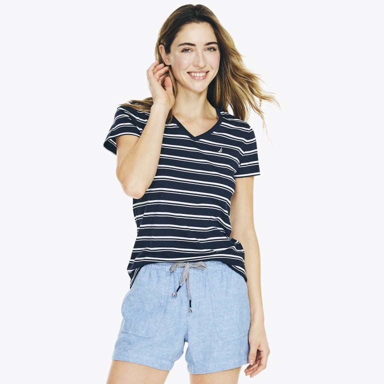 Nautica Striped V-neck T-shirts Dames Blauw | LryWFJLD