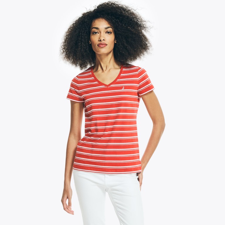 Nautica Striped V-neck T-shirts Dames Rood | DjR2MzCn