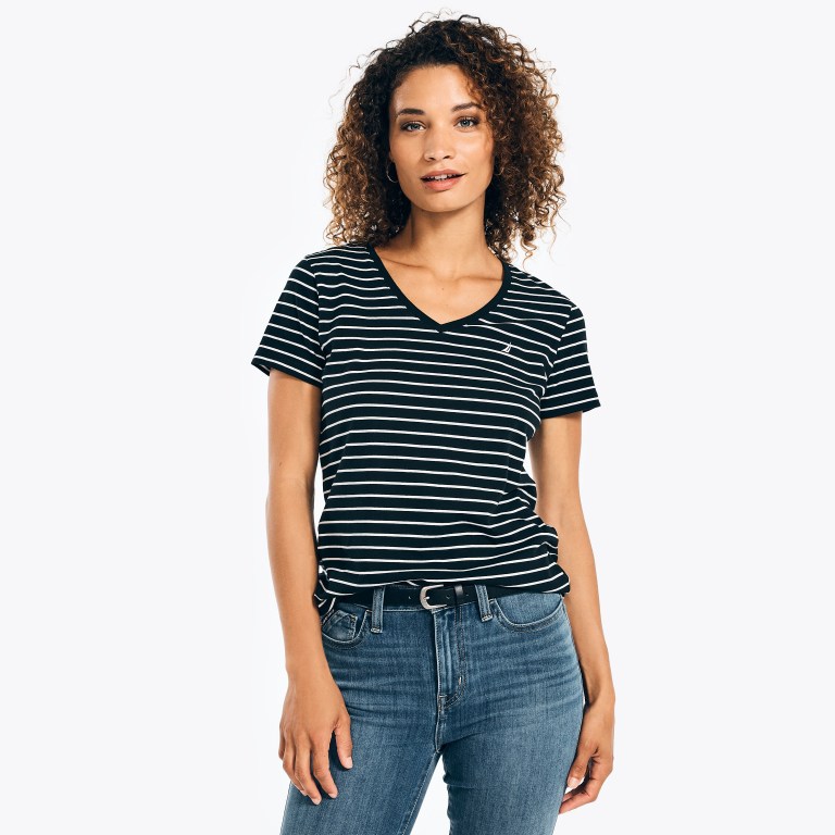 Nautica Striped V-neck T-shirts Dames Zwart | hU7w8qQz