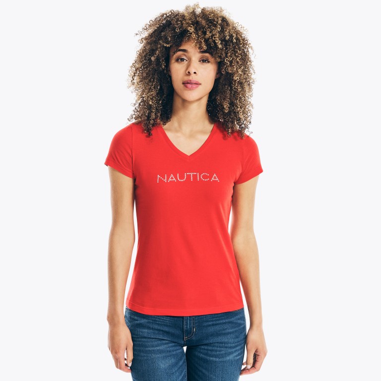 Nautica Studded Logo V-neck T-shirts Dames Rood | aHJzzdrM