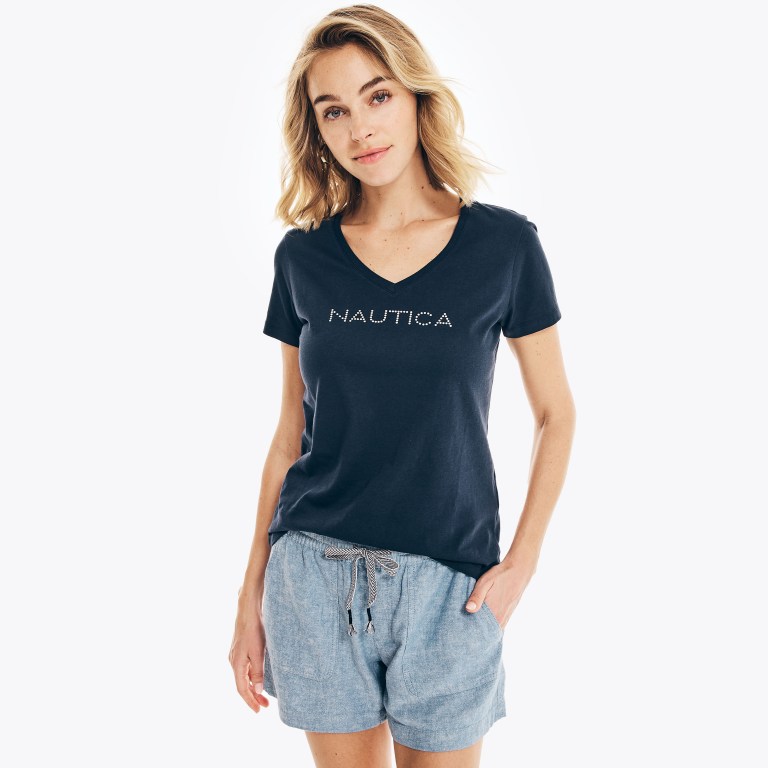 Nautica Studded Logo V-neck T-shirts Dames Blauw | soN8Do4x