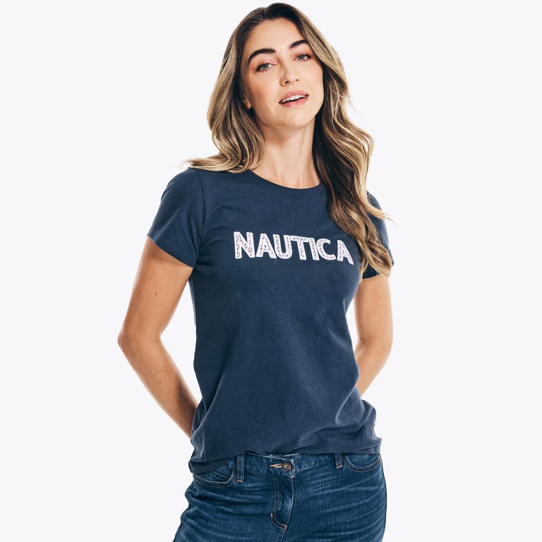 Nautica Sustainably Crafted Embroidered Logo T-shirts Dames Blauw | 3b9rMUvk