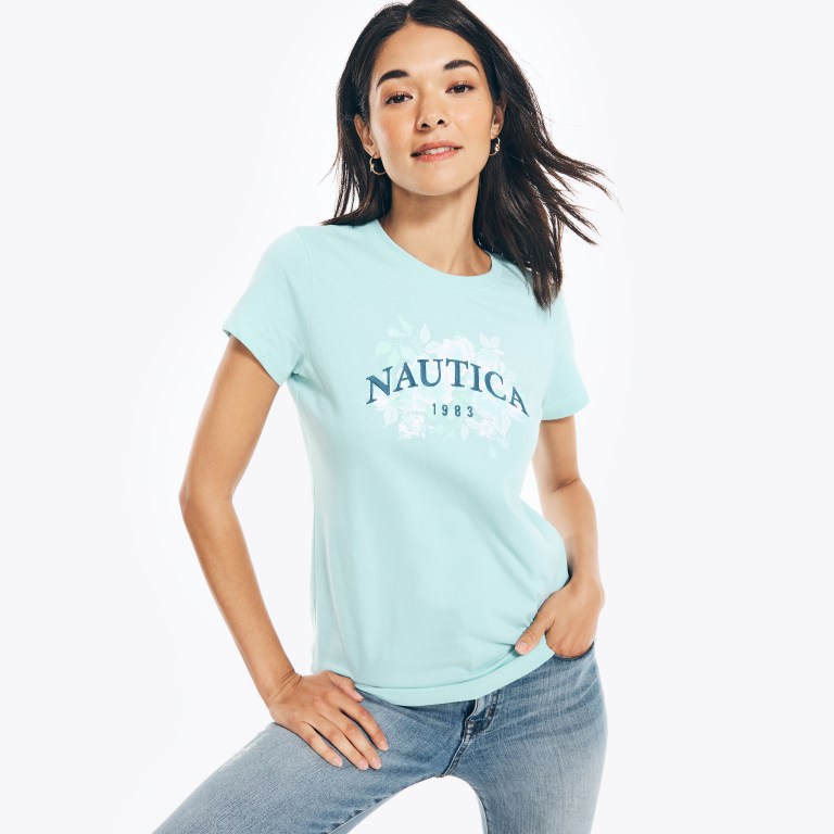 Nautica Sustainably Crafted Embroidered Floral Logo Grafische T-shirts Dames Blauw | yjVWS36o